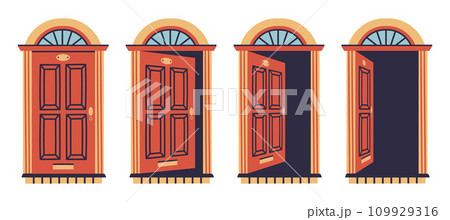 Apartment close and open door. House door animation, opened and closed wooden doors flat vector illustration set. Entrance door in various positions 109929316