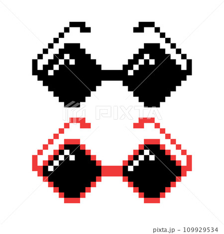 Vector Pixel Boss Glasses Icon Set in 8 bit Retro Style. Summer Meme Game Thug Design, Mafia Gangster Funky Sunglasses. Rap Music Design Element 109929534