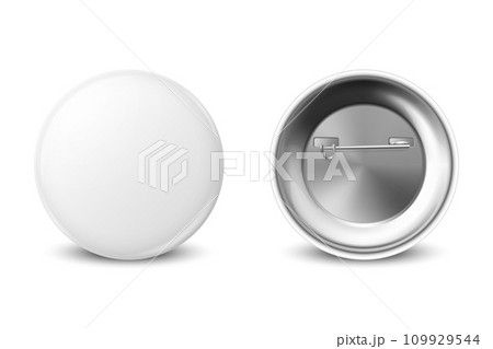 Vector 3d Realistic Blank White Round Button Badge Set Closeup Isolated on a White Background. Button Badge, Plastic or Metal ID Badge Design Template, Mockup. Front View 109929544