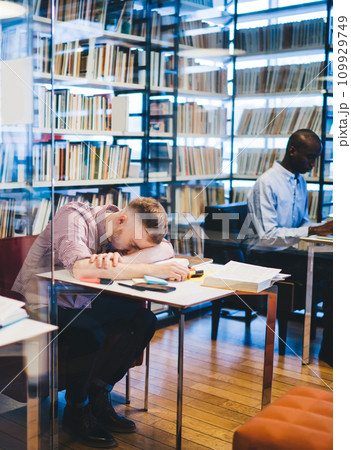Multiracial colleagues studying in library Multiracial colleagues studying in library 109929749