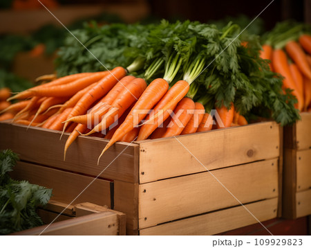AI-generated content. Bright orange carrots with green tops in a light wooden crate, showcasing the freshness and vibrancy of farm produce, ideal for a healthy lifestyle and clean eating themes. 109929823