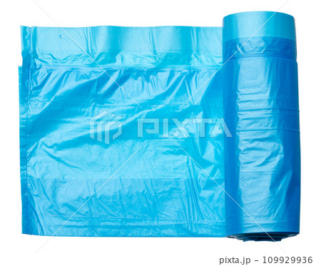 Blue plastic trash bags with strings on white background 109929936