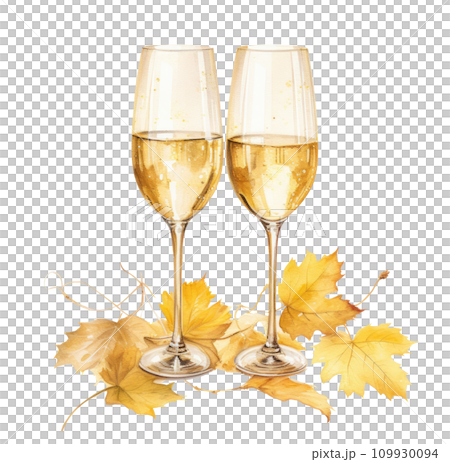 two champagne glasses and leaves two champagne glasses and leaves 109930094