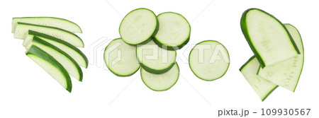 Fresh sliced zucchini isolated on white background with full depth of field. Top view. Flat lay Fresh sliced zucchini isolated on white background with full depth of field. Top view. Flat lay 109930567