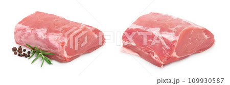 Raw pork meat with rosemary and peppercorn isolated on white background Raw pork meat with rosemary and peppercorn isolated on white background 109930587