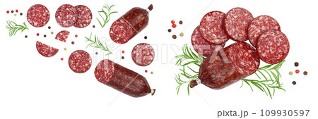 Smoked sausage salami with slices isolated on white background . Top view with copy space for your text. Flat lay 109930597