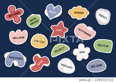 Motivational and encouraging stickers pack. Good job, great, well done, excellent. School reward labels, encouragement signs. Educational stickers, inspirational phrases for personal planner. Vector 109930728