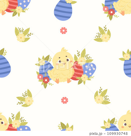Seamless pattern little chick with Easter egg and flowers on white background. Vector illustration for paschal design, wallpaper, packaging, textile. Kids collection. 109930748