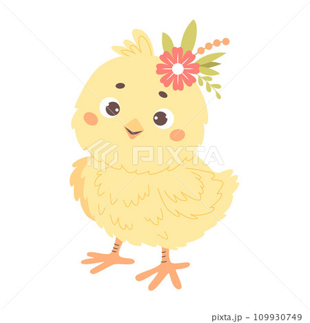 Cute little chick with flower. Vector illustration. Kids collection. 109930749
