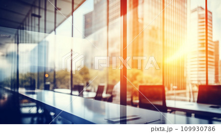 AI-generated content. A window in a modern office with a view of a building and a table - business concept 109930786