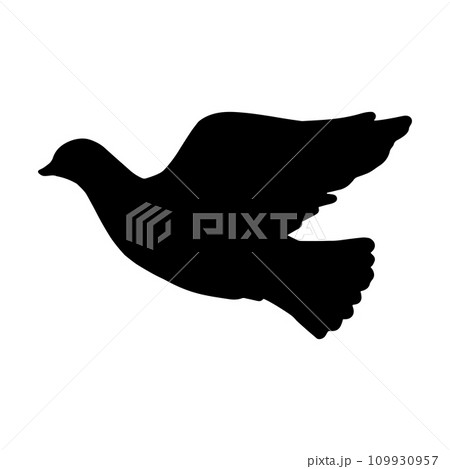 羽ばたく鳩のシルエットモノクロイラスト 横向き 羽ばたく鳩のシルエットモノクロイラスト 横向き 109930957
