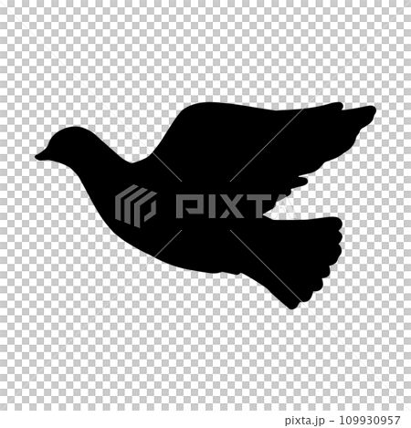 羽ばたく鳩のシルエットモノクロイラスト 横向き 羽ばたく鳩のシルエットモノクロイラスト 横向き 109930957