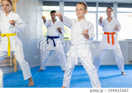 Kid boy and his family repeat movements and learn fighting techniques during martial arts lesson Kid boy and his family repeat movements and learn fighting techniques during martial arts lesson 109932987