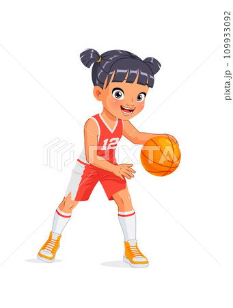 Cute little Asian girl playing basketball. Cartoon vector illustration. 109933092