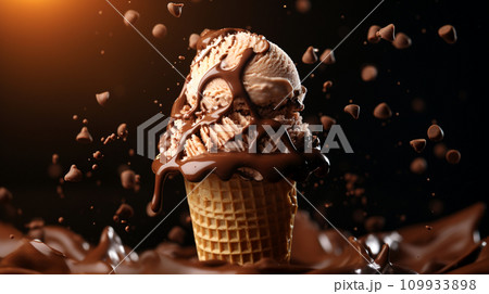 コピースペースのあるチョコレートアイスクリームの背景素材　AI画像 109933898