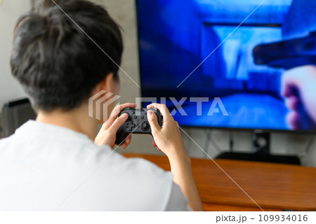 自宅でテレビゲームをする男性 109934016