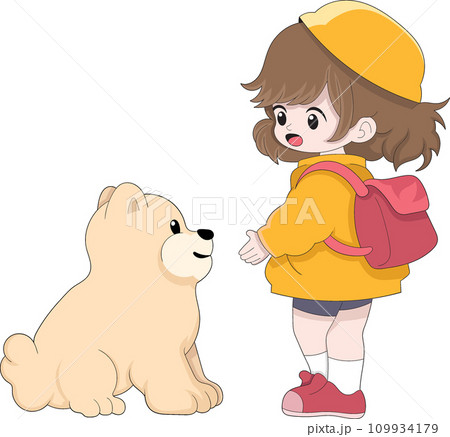 little girl and her pet dog go to school together little girl and her pet dog go to school together 109934179