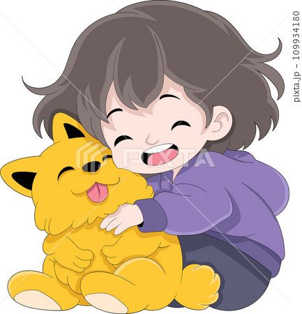 little girl is playing with cute puppy, hugging pet 109934180