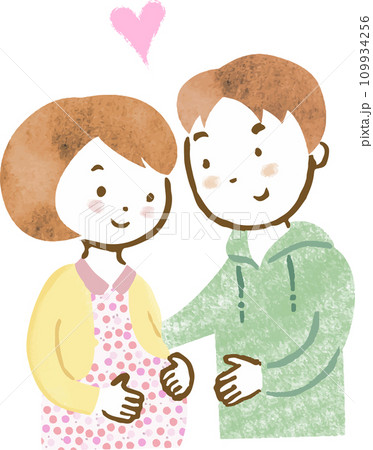 妊娠して幸せを感じるカップルの上半身手描きイラスト 妊娠して幸せを感じるカップルの上半身手描きイラスト 109934256