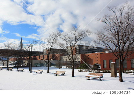 降雪後、雲の隙間から晴れ間が広がる金沢大学構内（日本 石川県金沢市） 109934734