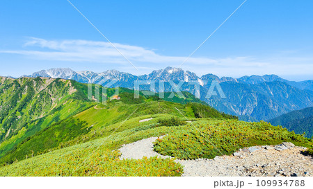 夏の爺ヶ岳登山(種池山荘~爺ヶ岳の稜線から剱岳・立山方面の眺め) 夏の爺ヶ岳登山(種池山荘~爺ヶ岳の稜線から剱岳・立山方面の眺め) 109934788