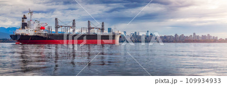 Container Ship in Burrard Inlet with Downtown City in Background. Vancouver, BC, Canada Container Ship in Burrard Inlet with Downtown City in Background. Vancouver, BC, Canada 109934933