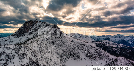 Rocky Mountain Peaks covered in Snow. Aerial Landscape Nature Background 109934988