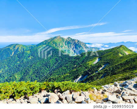 夏の爺ヶ岳登山（爺ヶ岳南峰頂上から鹿島槍ヶ岳を望む） 109935019