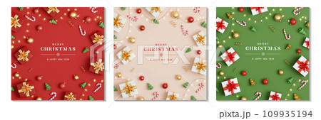 Set of Christmas with decoration ornaments elements on background. Realistic 3d design. Bright Christmas and New Year background light garlands, gold confetti. 3D illustration 109935194
