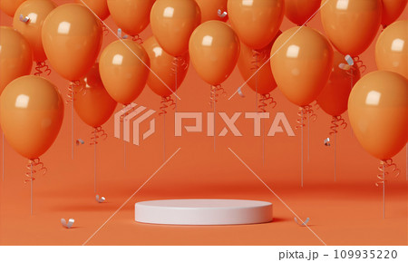 orange balloons floating with podium for product presentation on orange background. new year party concept. 3d render illustration. 109935220