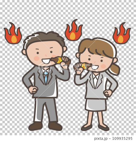 Illustration of a businessman and businesswoman injecting energy with an energy drink during the last spurt of work 109935295
