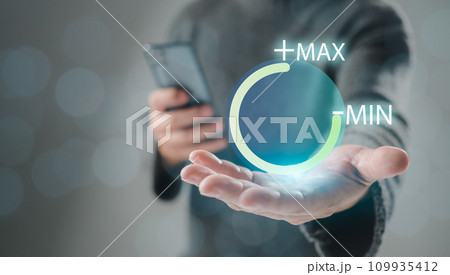 Hand man is holding circle progress bar with the word VALUE on dark tone background, value added or business growth concept, increase value, Growth value. Hand man is holding circle progress bar with the word VALUE on dark tone background, value added or business growth concept, increase value, Growth value. 109935412