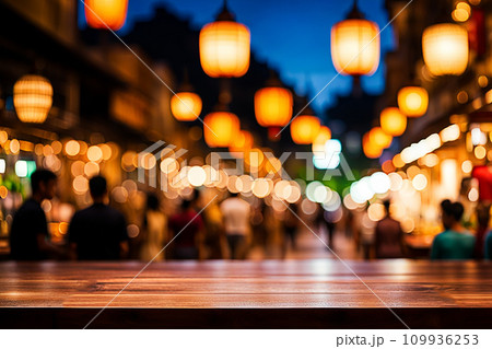 Empty wood tabletop or counter with display product. Blur image of night market background. Display product background concept 109936253