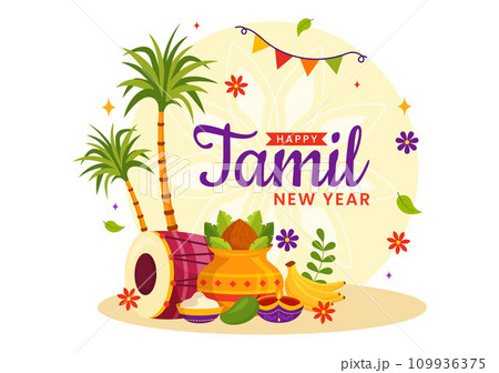 Happy Tamil New Year Vector Illustration with Vishu Flowers, Coconut, Candle, Pots and Indian Hindu Festival in Flat Cartoon Background Design Happy Tamil New Year Vector Illustration with Vishu Flowers, Coconut, Candle, Pots and Indian Hindu Festival in Flat Cartoon Background Design 109936375