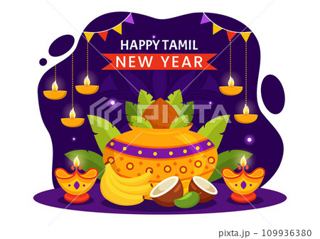 Happy Tamil New Year Vector Illustration with Vishu Flowers, Coconut, Candle, Pots and Indian Hindu Festival in Flat Cartoon Background Design 109936380