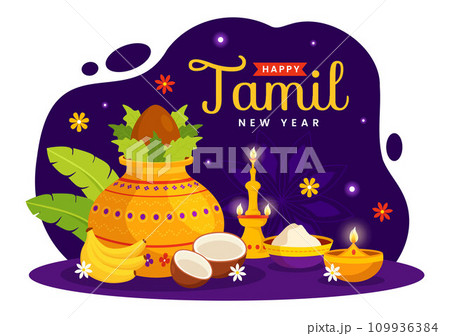 Happy Tamil New Year Vector Illustration with Vishu Flowers, Coconut, Candle, Pots and Indian Hindu Festival in Flat Cartoon Background Design 109936384