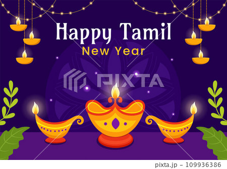 Happy Tamil New Year Vector Illustration with Vishu Flowers, Coconut, Candle, Pots and Indian Hindu Festival in Flat Cartoon Background Design Happy Tamil New Year Vector Illustration with Vishu Flowers, Coconut, Candle, Pots and Indian Hindu Festival in Flat Cartoon Background Design 109936386