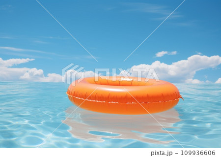 AI-generated content. Vivid colored abstract photo ring floating in a refreshing blue sea. Generative AI 109936606