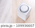 smart speaker on the table in the room, gadget in the apartment close-up, selective focus, tinted image, bright sunlight from the window 109936607