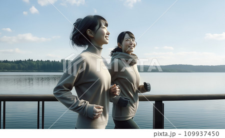 冬にジョギングを楽しむ女性たち_08 109937450