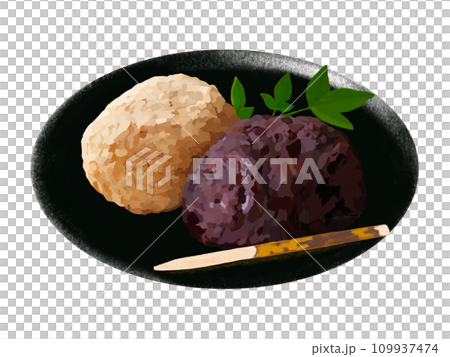 おはぎ、ぼた餅(あんこ、きな粉)皿、南天の枝付き おはぎ、ぼた餅(あんこ、きな粉)皿、南天の枝付き 109937474