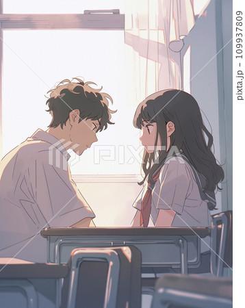 好きな人にときめく高校生の男女（AI生成画像） 109937809