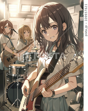 生徒の前でギターの演奏をする高校生バンド（AI生成画像） 109937821