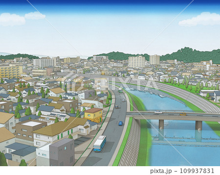 住宅街 浮世絵風  河川 都市 手描き風  版画 背景 住宅街 浮世絵風  河川 都市 手描き風  版画 背景 109937831