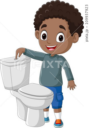 Cartoon little boy pushing flush button in toilet 109937923