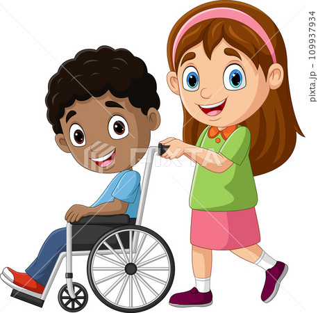 Cartoon little girl helping a boy in wheelchair Cartoon little girl helping a boy in wheelchair 109937934