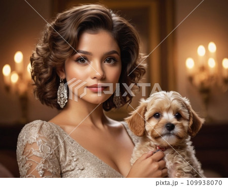 Portrait of a young beautiful woman with her beloved dog. Portrait of a young beautiful woman with her beloved dog. 109938070