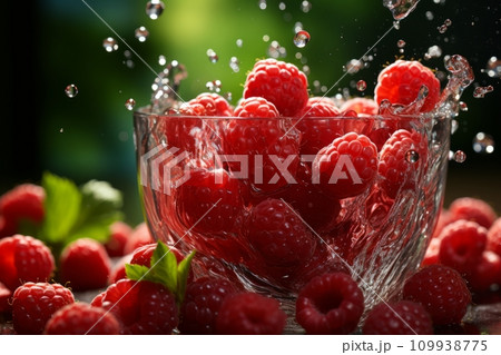 AI-generated content. A handful of fresh ripe raspberries and green leaves in splashes of water isolated on a black background. 109938775