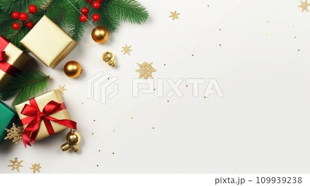 AI-generated content. New Year banner with Christmas gift boxes and golden decorations. comeliness 109939238