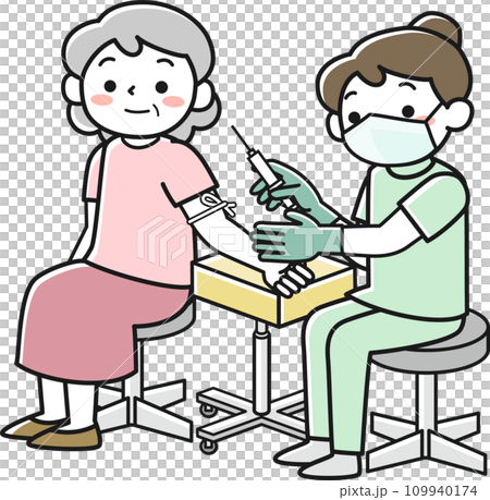 シニア女性と採血をする女性看護師 109940174